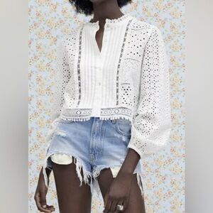 ZARA Broderie Anglaise lace eyelet button-up blouse balloon sleeve medium